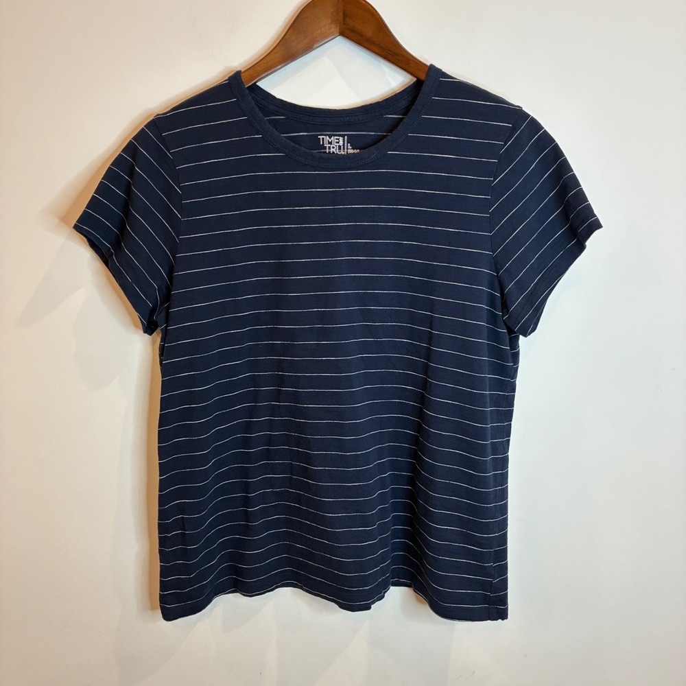 Time and Tru Navy Blue White Striped Short Sleeve Crew Neck Tee L 12-14